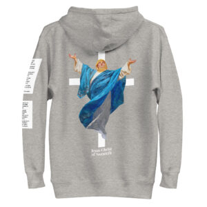 Grey Faith Hoodie with Painting of the Virgin Mary along with Christian Cross